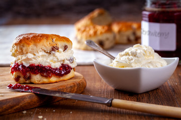 Scones with Strawberry Jam and Clotted Cream - obrazy, fototapety, plakaty