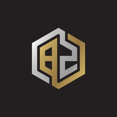 Initial letter BZ, looping line, hexagon shape logo, silver gold color on black background