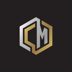 Initial letter CM, looping line, hexagon shape logo, silver gold color on black background