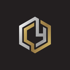 Initial letter CY, looping line, hexagon shape logo, silver gold color on black background