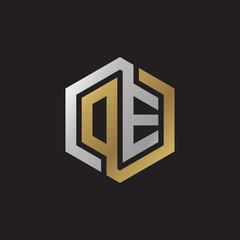 Initial letter DE, OE, looping line, hexagon shape logo, silver gold color on black background