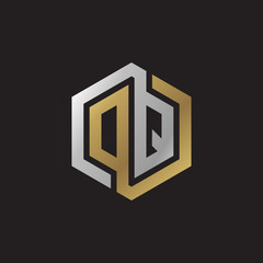 Initial letter DQ, OQ, looping line, hexagon shape logo, silver gold color on black background