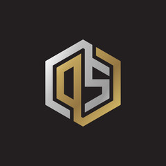 Initial letter DS, OS, looping line, hexagon shape logo, silver gold color on black background