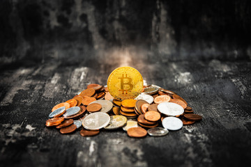 Golden Bitcoin and mound of money. Digital cryptocurrency concept