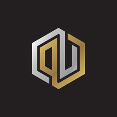 Initial letter DU, OU, looping line, hexagon shape logo, silver gold color on black background