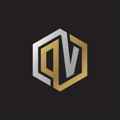 Initial letter DV, OV, looping line, hexagon shape logo, silver gold color on black background