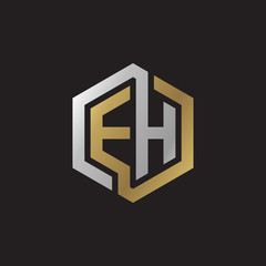 Initial letter EH, looping line, hexagon shape logo, silver gold color on black background