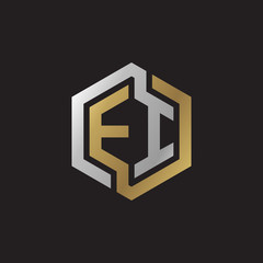 Initial letter EI, looping line, hexagon shape logo, silver gold color on black background
