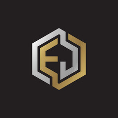Initial letter EJ, looping line, hexagon shape logo, silver gold color on black background