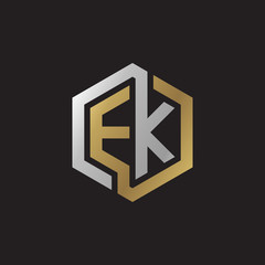 Initial letter EK, looping line, hexagon shape logo, silver gold color on black background