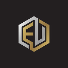 Initial letter EU, looping line, hexagon shape logo, silver gold color on black background