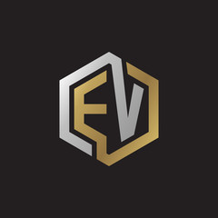 Initial letter EV, looping line, hexagon shape logo, silver gold color on black background