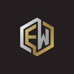 Initial letter EW, looping line, hexagon shape logo, silver gold color on black background