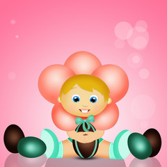 baby at Easter with chocolate eggs