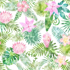 Deurstickers Watercolor seamless pattern with tropical leaves on white background © gala.draw