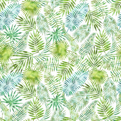 Naklejka na ściany i meble Watercolor tropical green exotic leaves pattern