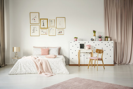 Pink pastel bedroom interior