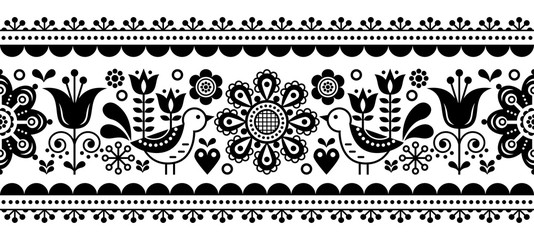    Scandinavian seamless vector pattern with flowers and birds, Nordic folk art repetitive black and white ornament      © redkoala