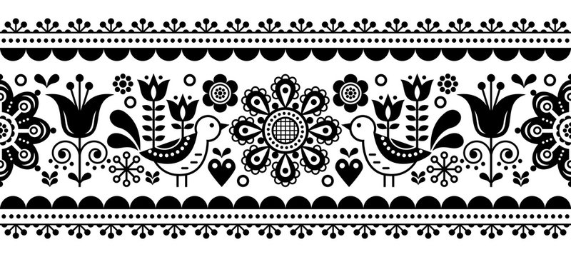 Fototapeta    Scandinavian seamless vector pattern with flowers and birds, Nordic folk art repetitive black and white ornament