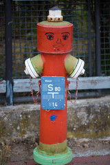 red hydrant with face. funny hydrant, garden fence as a background