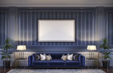 Contemporary interior in blue tones with a sofa and striped wallpaper. 3d rendering