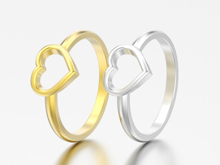 3D illustration two gold and silver engagement wedding heart rings