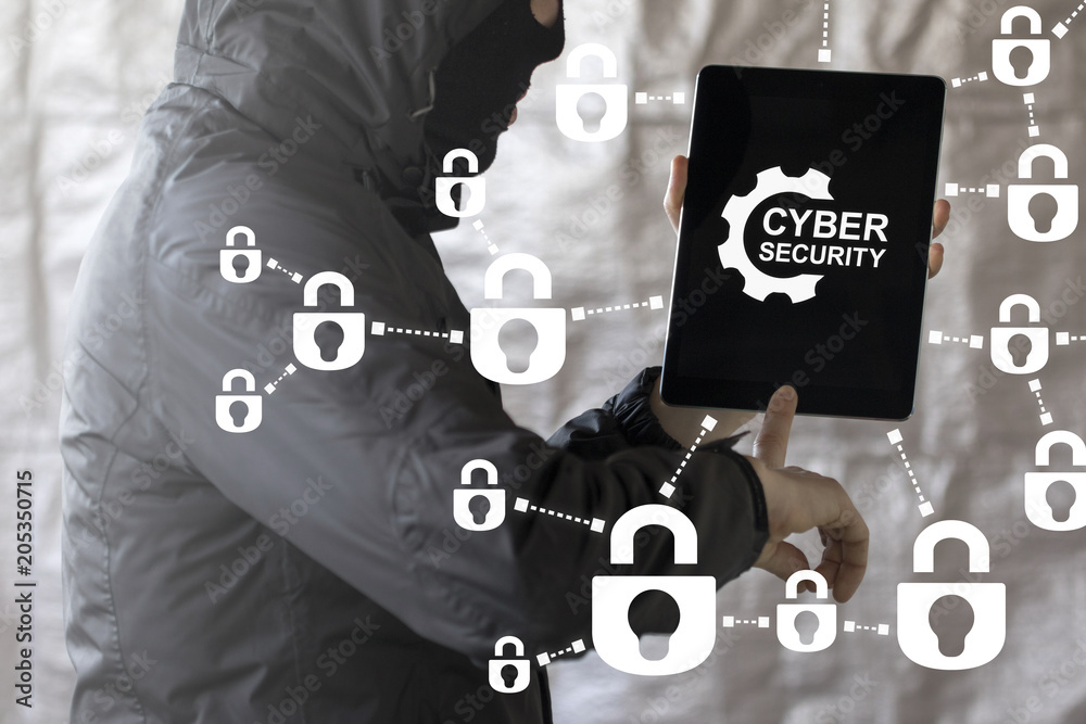 Poster cyber security hacking digital communication web concept. hacker clicks on a tablet pc with gear and