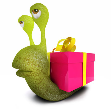 3d Funny cartoon snail character with a gift present instead of a shell