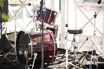 Fototapeta na wymiar Drum Set with some cymbals on stage before a live Concert.