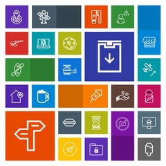 Modern, simple, colorful vector icon set with business, paddle, canoe, sign, clock, cream, spice, point, water, celebration, flight, food, lettuce, air, bun, dessert, web, location, time, hour icons