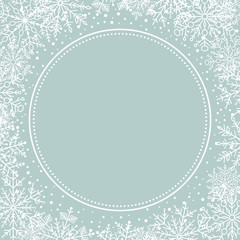 Winter frame with white arabesques and snowflakes. Fine greeting card. Pattern with snowflakes