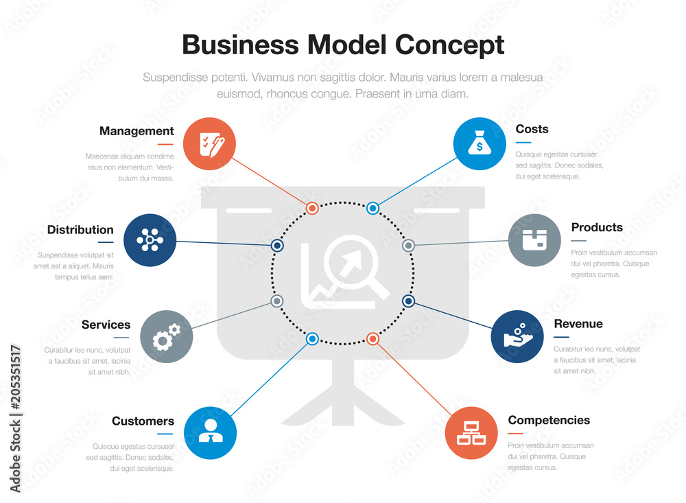 Aufkleber Vector infographic for business model visualization template with presentation board and growing graph as main symbol, isolated on light background. Easy to use for your website or presentation.