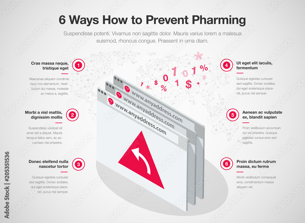 Poster Simple Vector infographic for 6 ways how to prevent pharming online fraud template isolated on light background. Easy to use for your website or presentation.