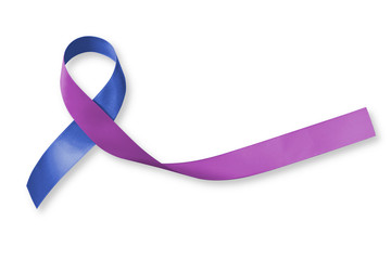 Blue purple ribbon awareness for RA rheumatoid arthritis illness disease (bow isoltaed with clipping path on white background)