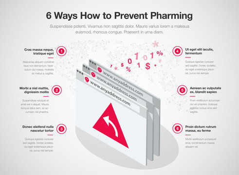 Simple Vector infographic for 6 ways how to prevent pharming online fraud template isolated on light background. Easy to use for your website or presentation.