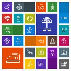 Modern, simple, colorful vector icon set with location, iron, power, bank, fire, danger, video, map, explosion, road, summer, umbrella, female, ironing, banking, fan, estate, business, house icons