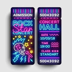 Rock Concert Ticket Design Template in Modern Trend Style. Rock Star Concert Tickets Vector Illustration, Neon Style, Light Banner, Bright Advertising for Concert, Festival. Nightlife Vector