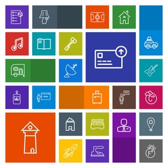 Modern, simple, colorful vector icon set with white, click, architecture, cash, landmark, bedroom, interior, music, bed, cargo, van, satellite, tower, package, sound, delivery, musical, suitcase icons