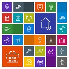 Modern, simple, colorful vector icon set with video, aviation, screen, drink, song, house, camera, helicopter, temperature, store, cream, transportation, record, sale, magic, scale, apartment icons