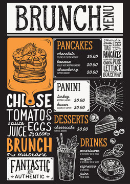 Brunch restaurant menu. Vector food flyer for bar and cafe. Design template with vintage hand-drawn illustrations.