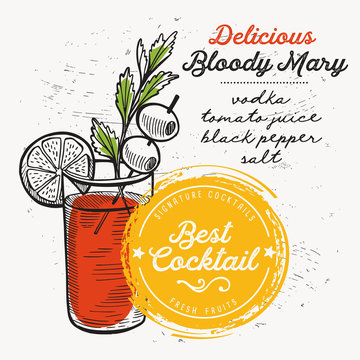 Cocktail bloody mary for bar menu. Vector drink flyer for restaurant and cafe. Design poster with vintage hand-drawn illustrations.