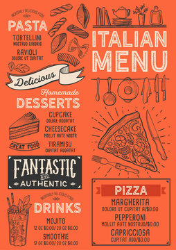 Pizza restaurant menu. Vector food flyer for bar and cafe. Design template with vintage hand-drawn illustrations.