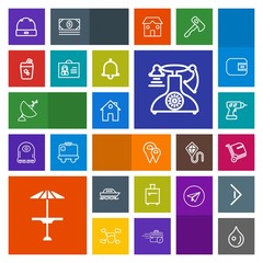 Modern, simple, colorful vector icon set with yacht, house, trip, head, drill, pub, cap, property, suitcase, baggage, old, vintage, ocean, estate, bar, light, antenna, dish, pin, liquid, drop icons