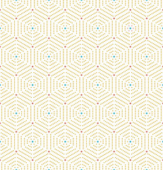 Geometric repeating colored ornament with hexagonal dotted elements. Geometric modern ornament. Seamless abstract modern pattern