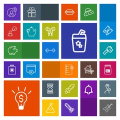 Modern, simple, colorful vector icon set with cash, fitness, clock, money, tool, checklist, container, music, juice, accounting, sand, hour, human, metal, tin, account, axe, concept, guitar, job icons