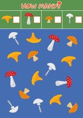 Educational counting game for preschool children with a variety of mushrooms.  vector illustration. part #8