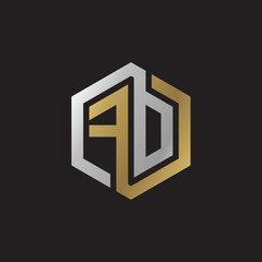Initial letter FD, FO, looping line, hexagon shape logo, silver gold color on black background