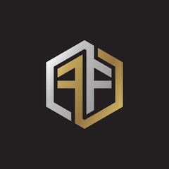 Initial letter FF, looping line, hexagon shape logo, silver gold color on black background