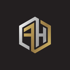 Initial letter FH, looping line, hexagon shape logo, silver gold color on black background
