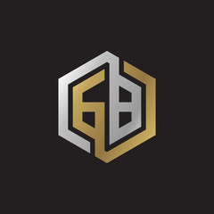 Initial letter GB, looping line, hexagon shape logo, silver gold color on black background